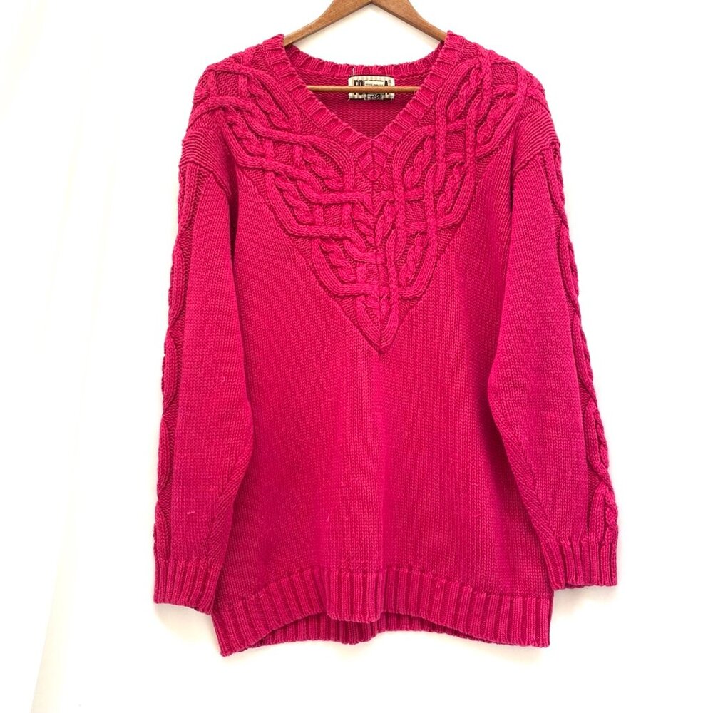 Vtg 80s 90s Forenza Womens Cable Knit V-Neck Sweater Sz M Pink Chunky Retro